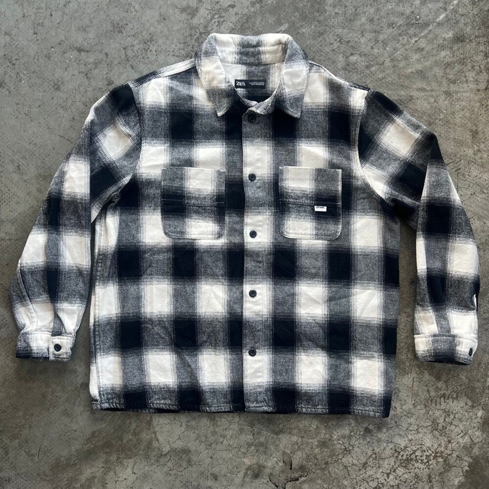 ZARA Man DNWR Heavyweight Flannel Shacket Black White Buffalo Plaid XL